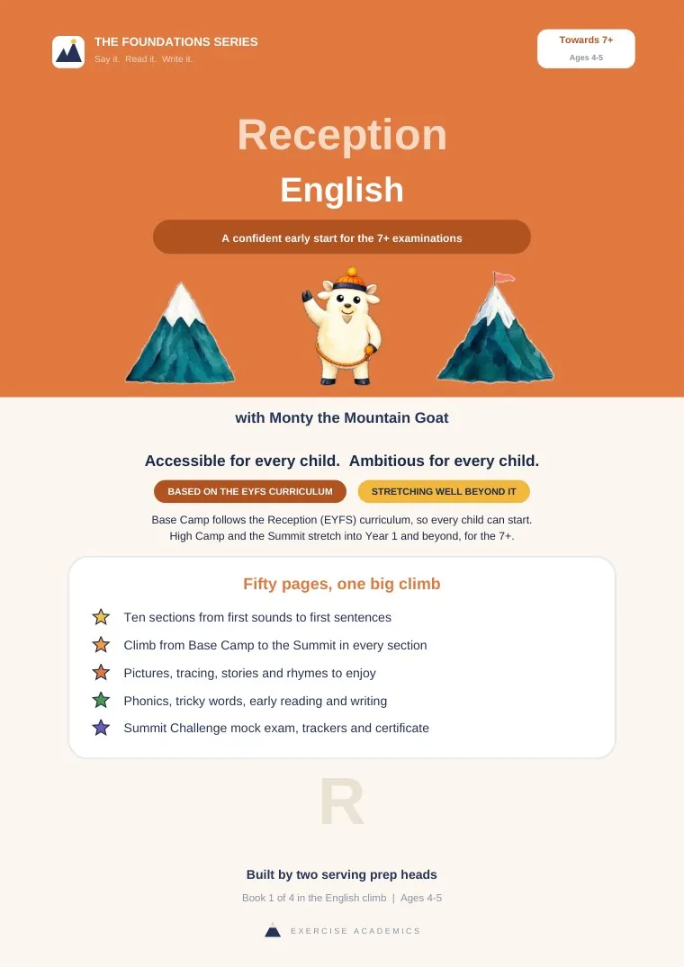 Reception English workbook: front cover, with Monty the Mountain Goat between two mountains