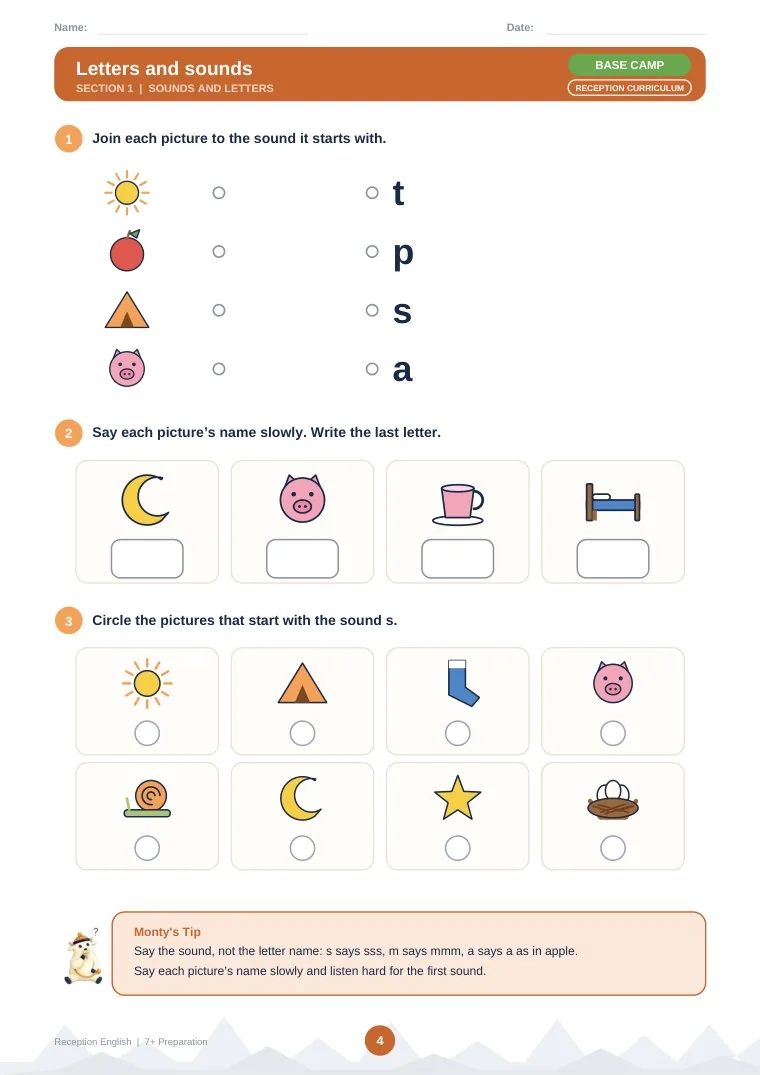 Page 4: Letters and sounds, at Base Camp. Join each picture to the sound it starts with, write the last letter of each picture’s name, and circle the pictures that start with s. Monty’s Tip says to say the sound, not the letter name.
