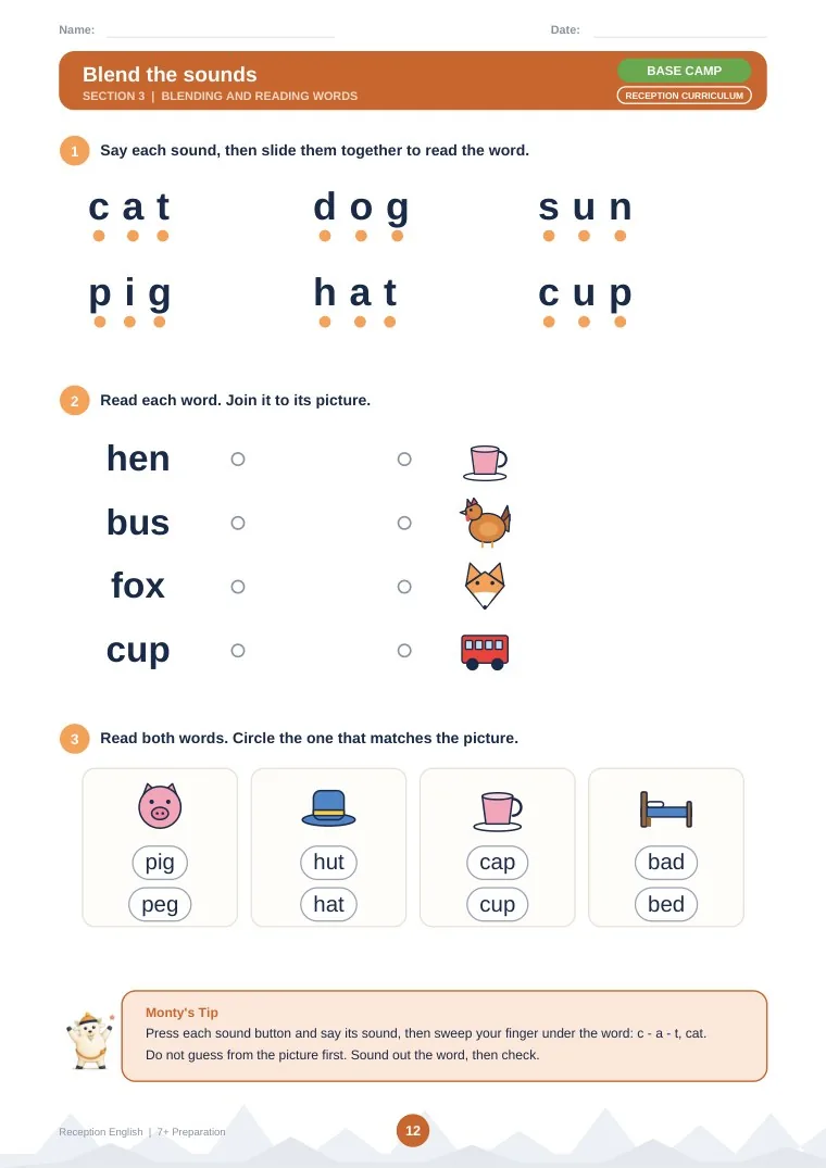 Page 12: Blend the sounds, at Base Camp. Say each sound and slide them together to read words like cat, dog and sun, join words to pictures, and circle the word that matches the picture.